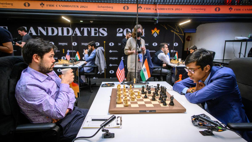 Young Indian talents impress in FIDE Candidates 2024 Round 4! Gukesh & Praggnanandhaa hold Caruana & Nakamura to draws, while Vidit falls to Nepomniachtchi.