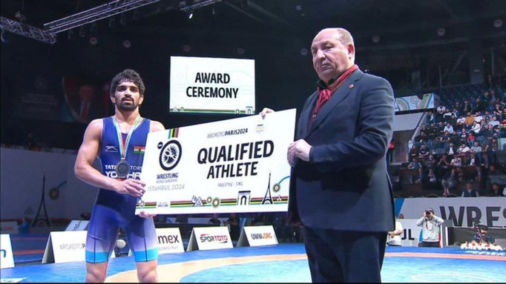 Aman Sehrawat secured India's first quota spot for the men's freestyle 57kg category at the Paris 2024 Olympics.